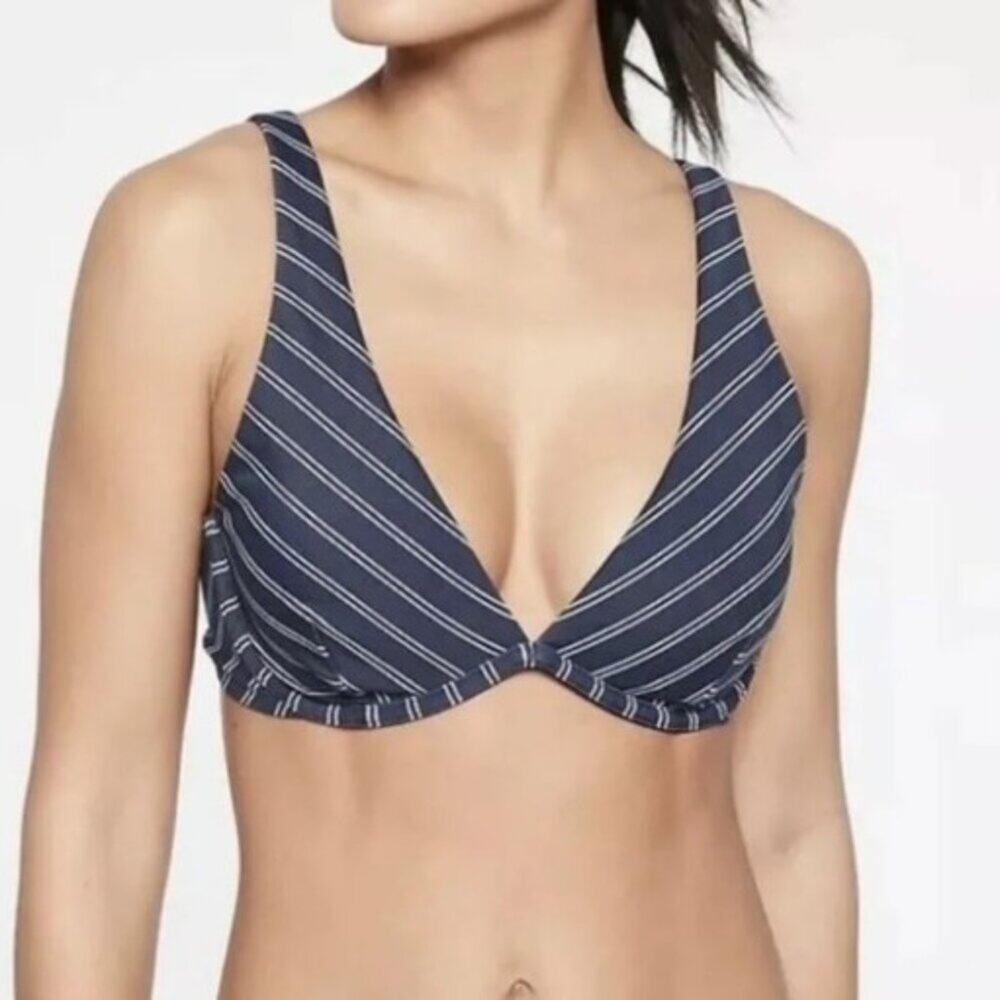 Athleta Brand NWT Piha Plunge Bikini Top Size 36 B/C Navy & White Stripes